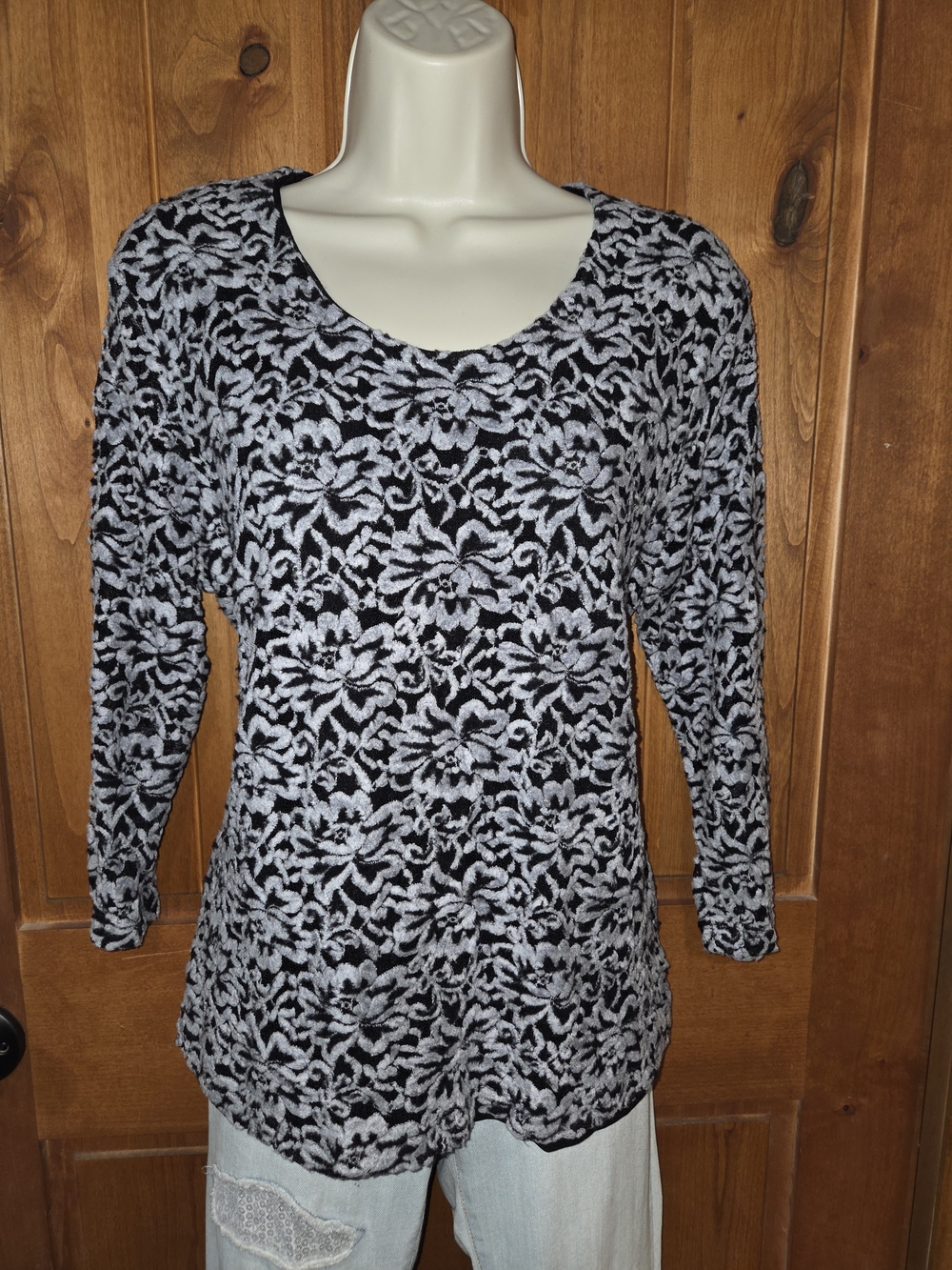 croft & barrow Black and Silver Fuzzy Floral Knit 3/4-Sleeve Top
